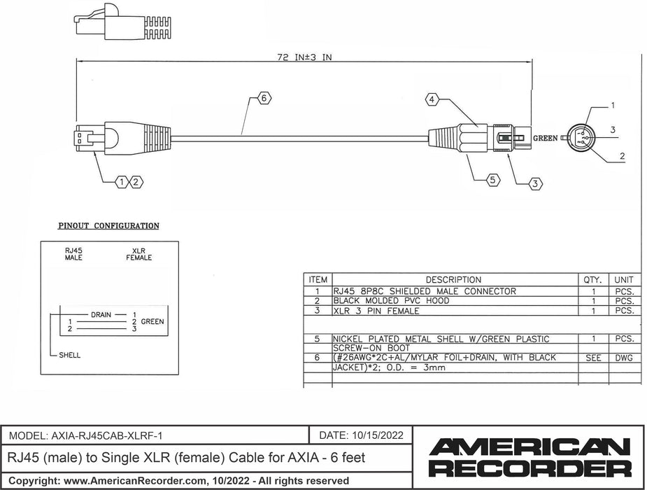 RJ45 (male) to Single XLR (female) Cable for AXIA - 6 feet - AMERICAN RECORDER TECHNOLOGIES, INC.