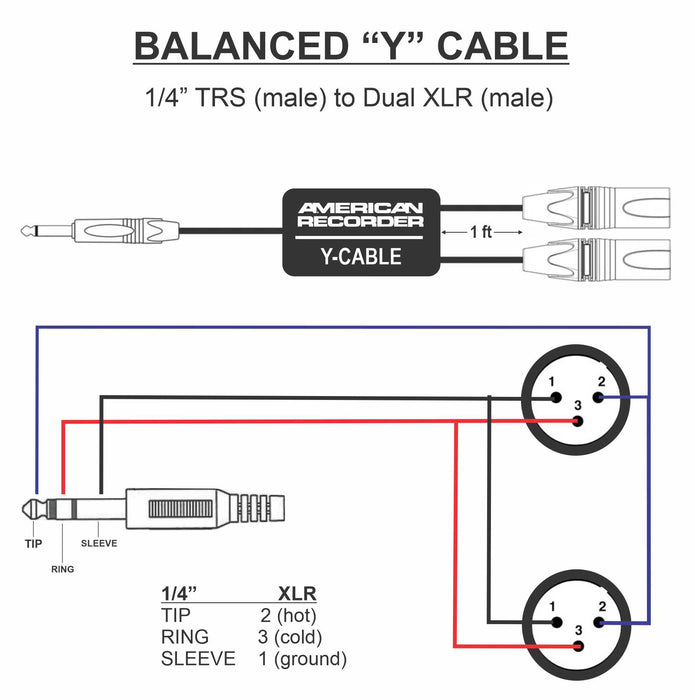 AMERICAN RECORDER PRO Series Y Cable - Balanced 1/4" TRS Male to Dual XLR Male - AMERICAN RECORDER TECHNOLOGIES, INC.