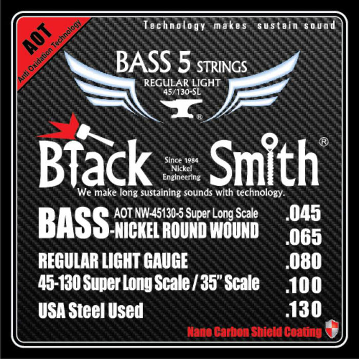 BLACKSMITH Electric Bass 5 String Set,  Nano Carbon Coated - Regular Light 45-130 - AMERICAN RECORDER TECHNOLOGIES, INC.