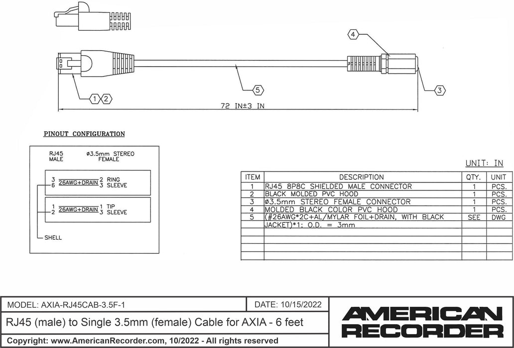 RJ45 (male) to Single 3.5mm (female) Cable for AXIA - 6 feet - AMERICAN RECORDER TECHNOLOGIES, INC.