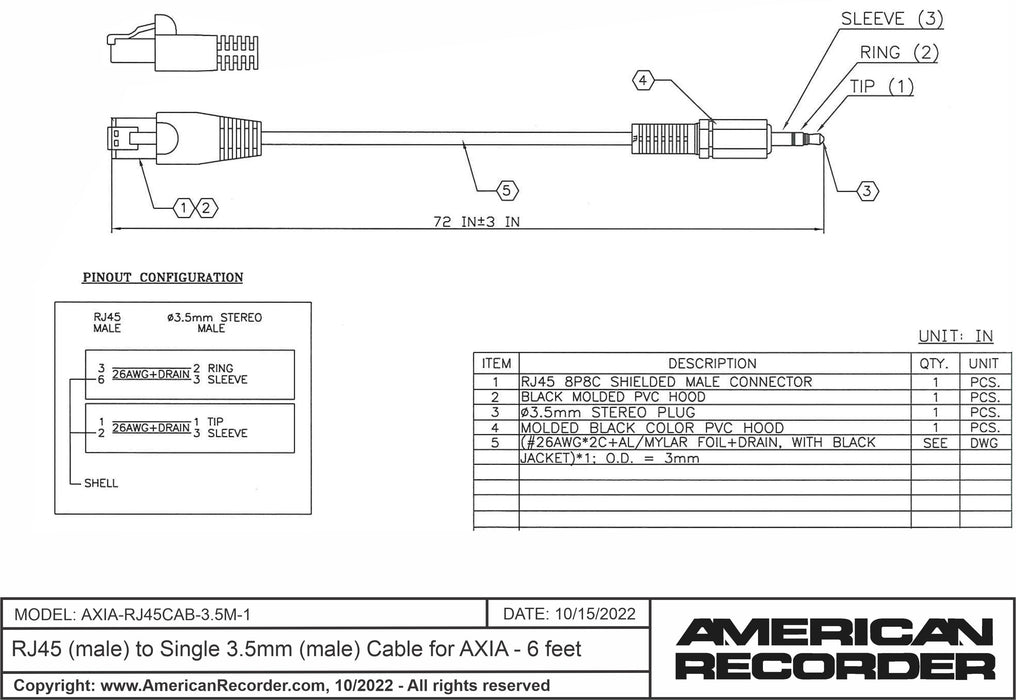 RJ45 (male) to Single 3.5mm (male) Cable for AXIA - 6 feet - AMERICAN RECORDER TECHNOLOGIES, INC.