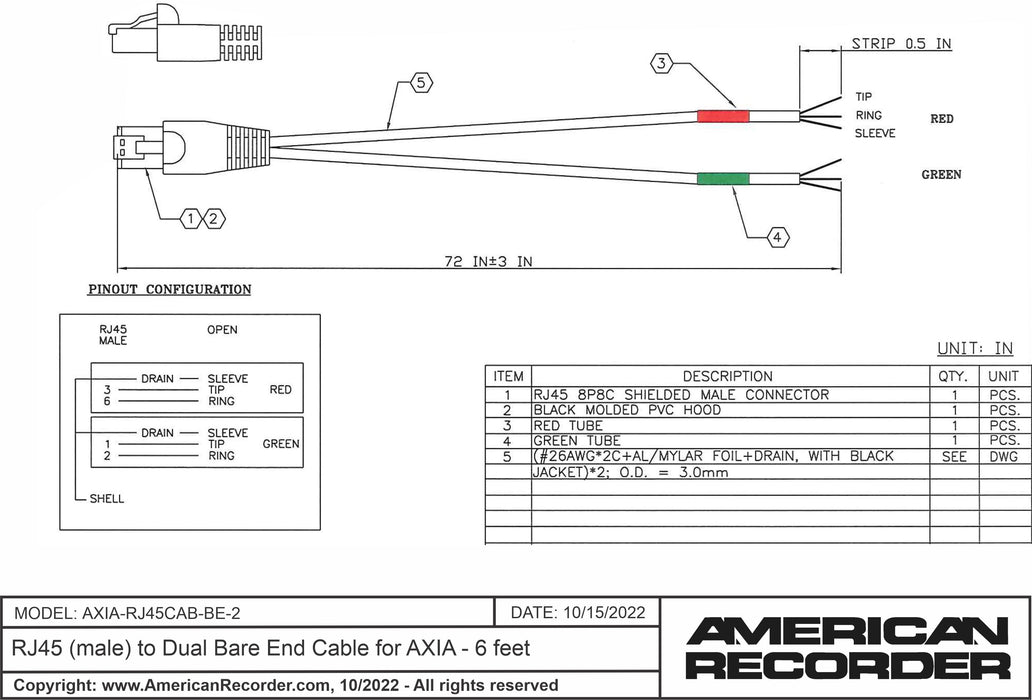 RJ45 (male) to Dual Bare End Cable for AXIA - 6 feet - AMERICAN RECORDER TECHNOLOGIES, INC.