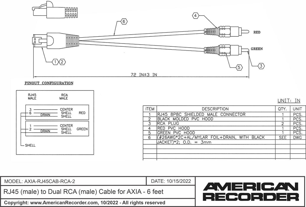 RJ45 (male) to Dual RCA (male) Cable for AXIA - 6 feet - AMERICAN RECORDER TECHNOLOGIES, INC.