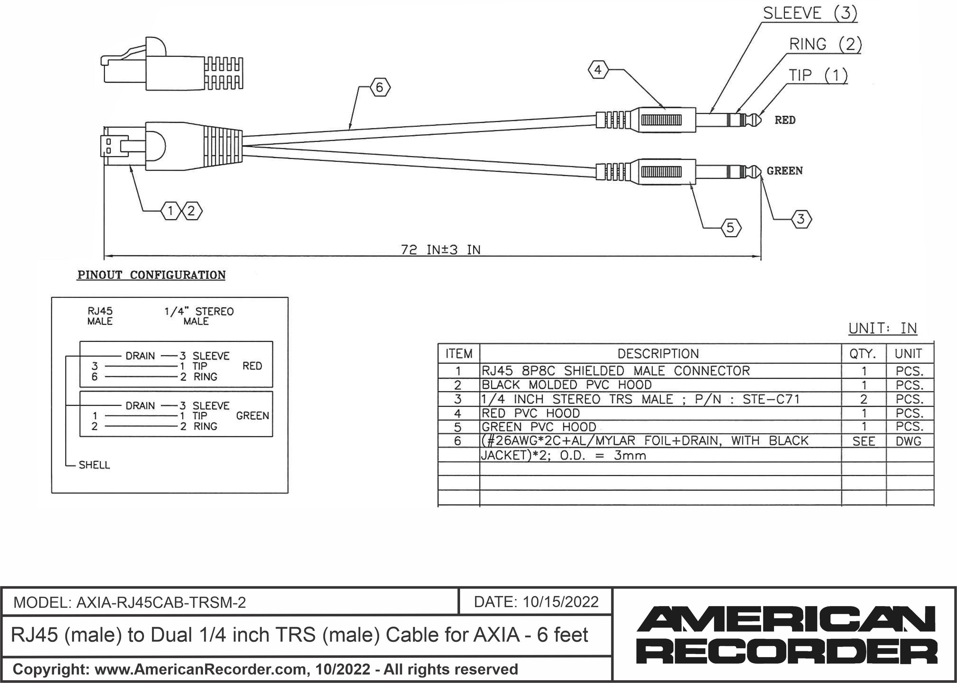 RJ45 (male) to Dual 1/4 inch TRS (male) Cable for AXIA - 6 feet ...