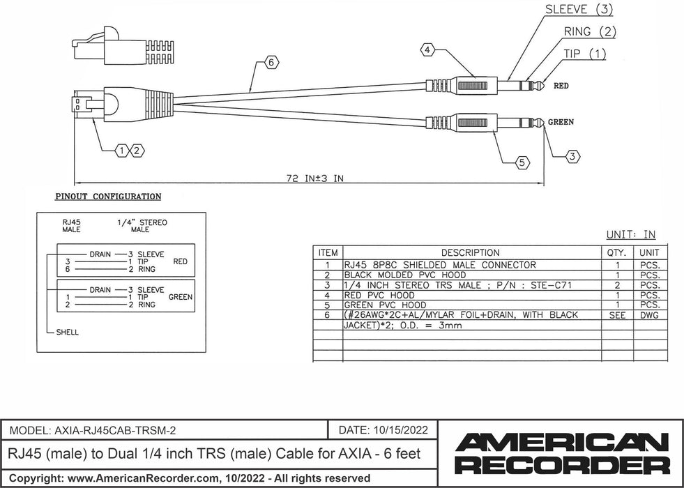 RJ45 (male) to Dual 1/4 inch TRS (male) Cable for AXIA - 6 feet - AMERICAN RECORDER TECHNOLOGIES, INC.