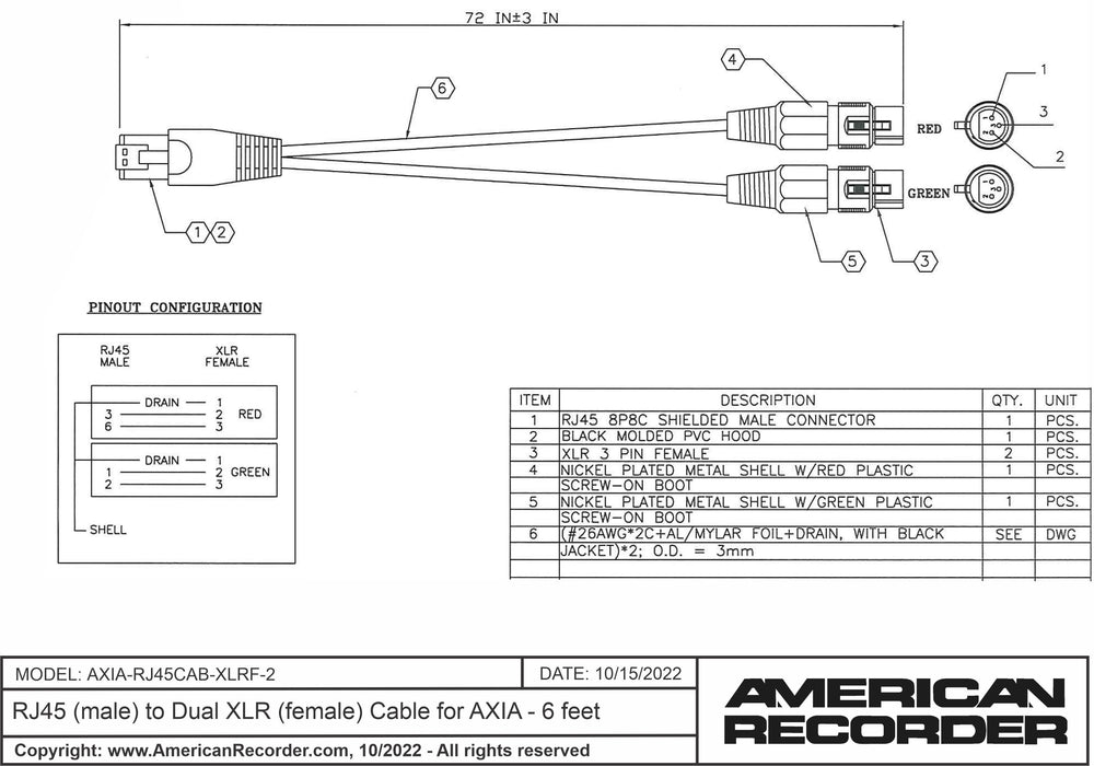 RJ45 (male) to Dual XLR (female) Cable for AXIA - 6 feet - AMERICAN RECORDER TECHNOLOGIES, INC.