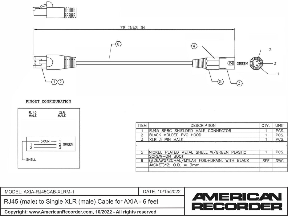 RJ45 (male) to Single XLR (male) Cable for AXIA - 6 feet - AMERICAN RECORDER TECHNOLOGIES, INC.