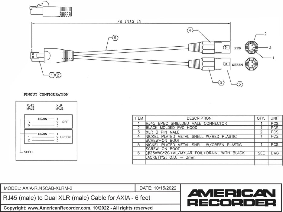 RJ45 (male) to Dual XLR (male) Cable for AXIA - 6 feet - AMERICAN RECORDER TECHNOLOGIES, INC.