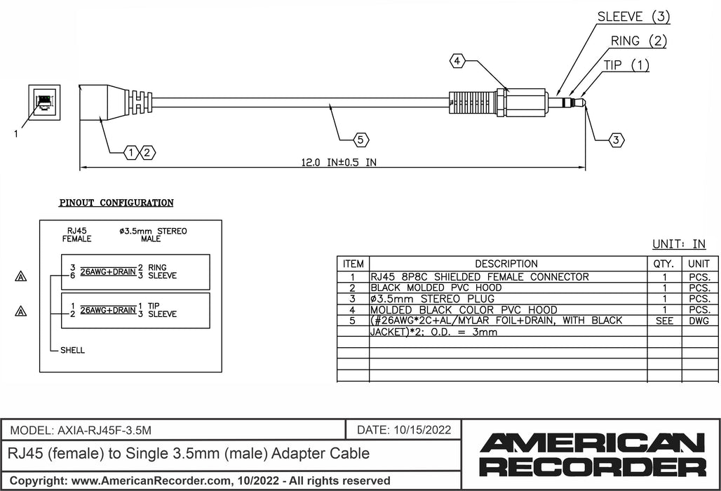 RJ45 (female) to Single 3.5mm (male) Adapter Cable for AXIA - AMERICAN RECORDER TECHNOLOGIES, INC.