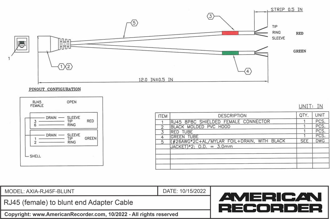 RJ45 (female) to blunt end Adapter Cable for AXIA - AMERICAN RECORDER TECHNOLOGIES, INC.