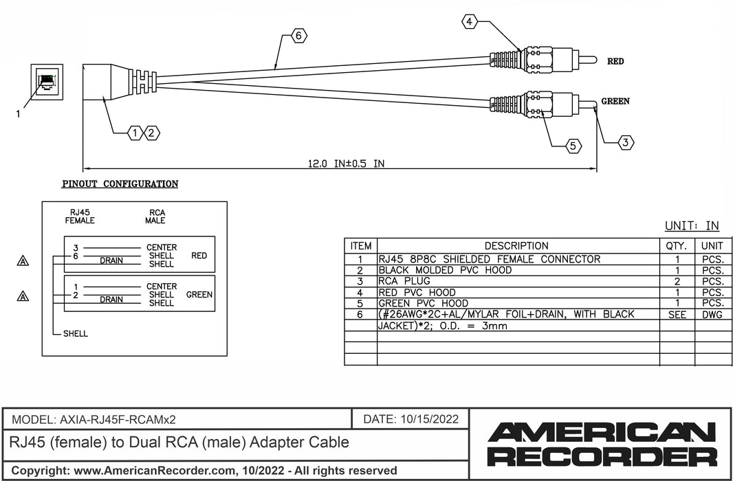 RJ45 (female) to Dual RCA (male) Adapter Cable for AXIA - AMERICAN RECORDER TECHNOLOGIES, INC.