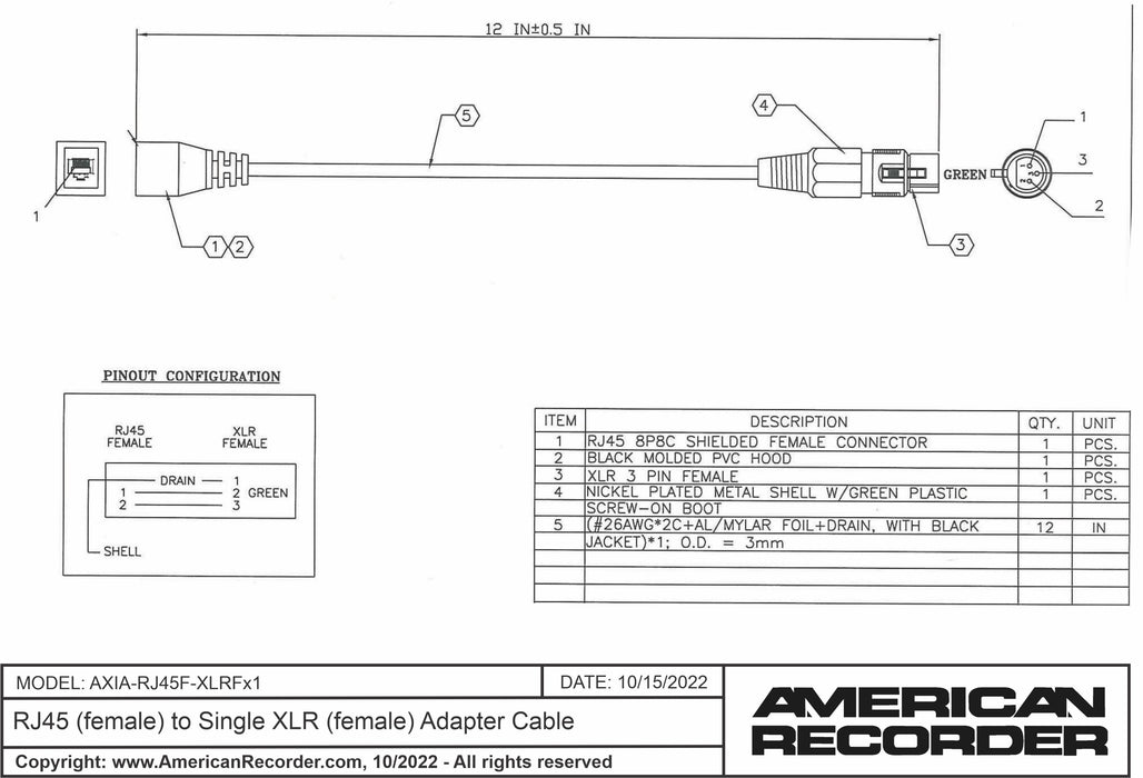 RJ45 (female) to Single XLR (female) Adapter Cable for AXIA - AMERICAN RECORDER TECHNOLOGIES, INC.