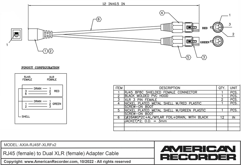 RJ45 (female) to Dual XLR (female) Adapter Cable for AXIA - AMERICAN RECORDER TECHNOLOGIES, INC.