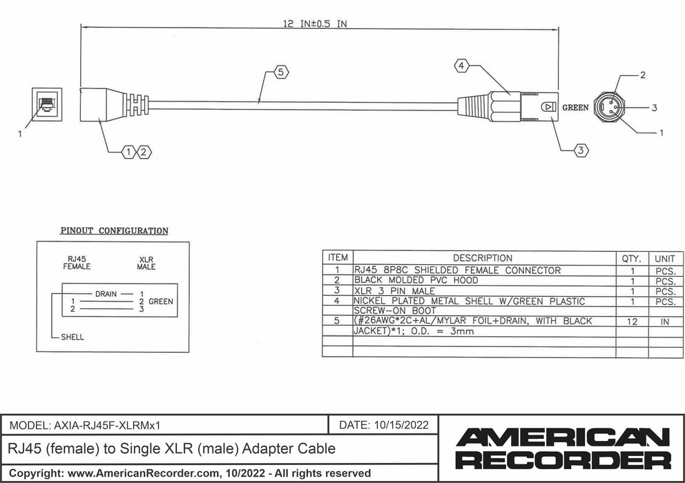 RJ45 (female) to Single XLR (male) Adapter Cable for AXIA - AMERICAN RECORDER TECHNOLOGIES, INC.