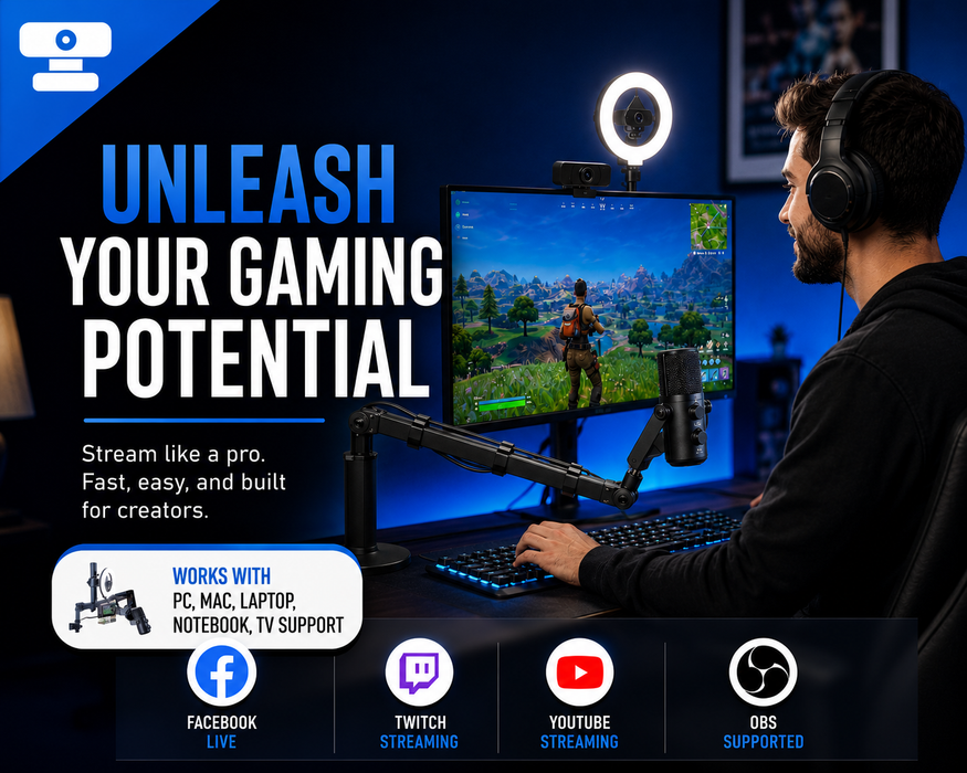 AllCast The All-in-One Streaming System Perfect for Podcast, Streaming & Gaming - Webcam + Ring Light + Mic + Stand