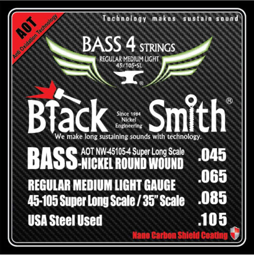 BLACKSMITH Electric Bass 4 String Set,  Nano Carbon Coated - Regular Medium Light 45-105 - AMERICAN RECORDER TECHNOLOGIES, INC.