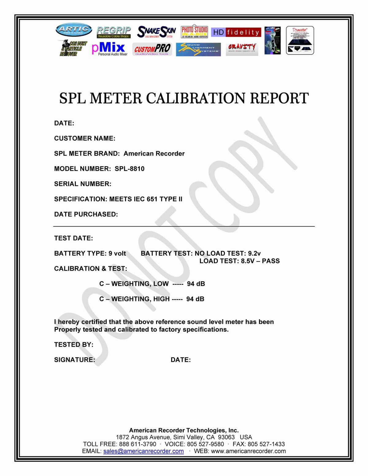 CALIBRATION for SPL8810 with Certificate — AMERICAN RECORDER TECHNOLOGIES, INC.