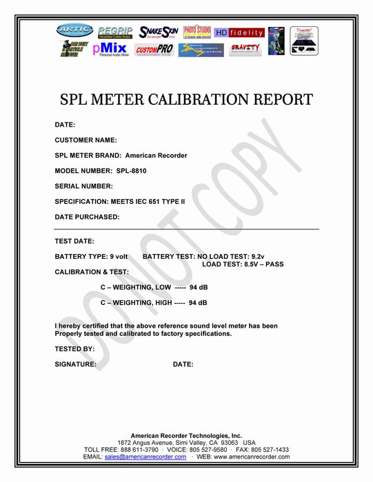 CALIBRATION for SPL-8810 with Certificate - AMERICAN RECORDER TECHNOLOGIES, INC.